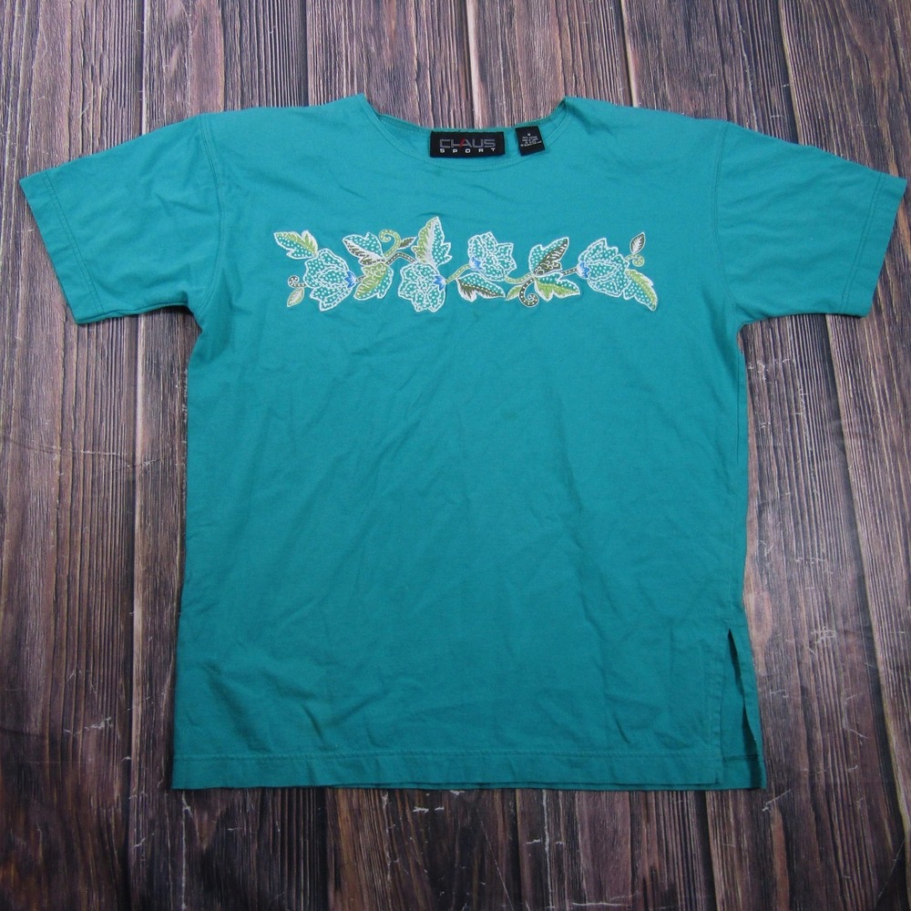 Claus Sport T-Shirt Womens M Green Short Sleeve Vintage 90s Floral Granny Core